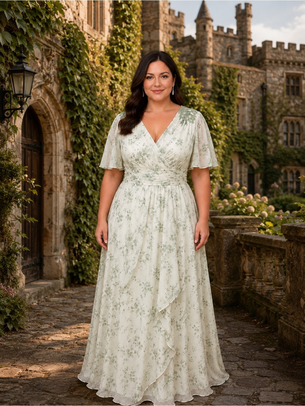 #17-15 White & sage deep-V neck Flutter sleeves floral print dress-XL/Size 16
